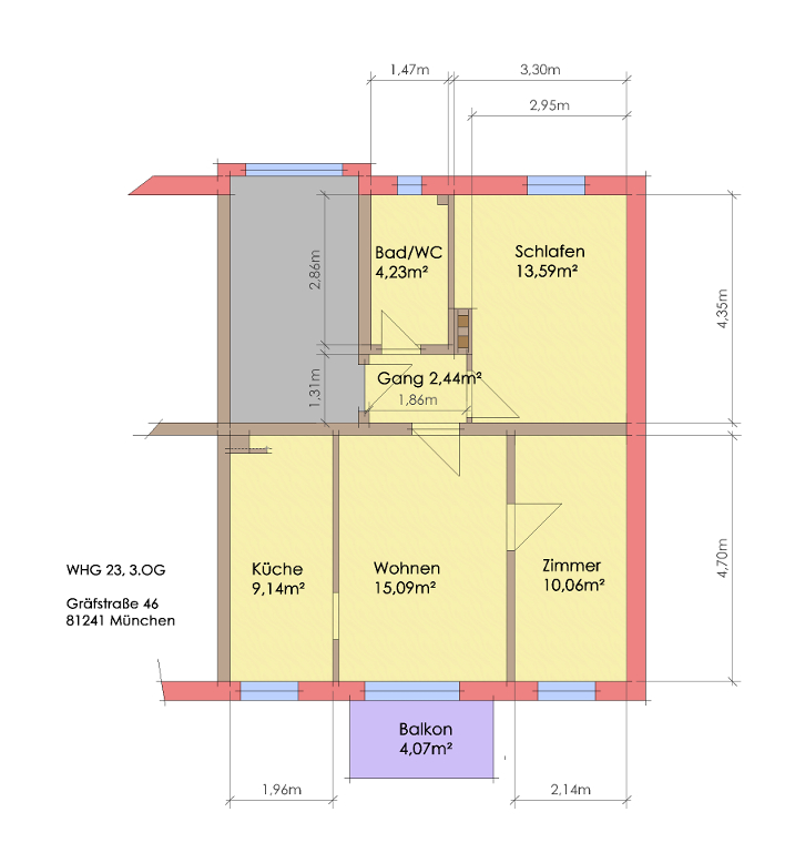 Grundriss - KNIPFER`S IMMOBILIENSCHÄTZE – Gepflegte 3 ZKB mit Südbalkon in Pasing zum Kauf